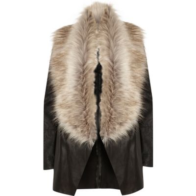 Black faux fur collar fallaway jacket